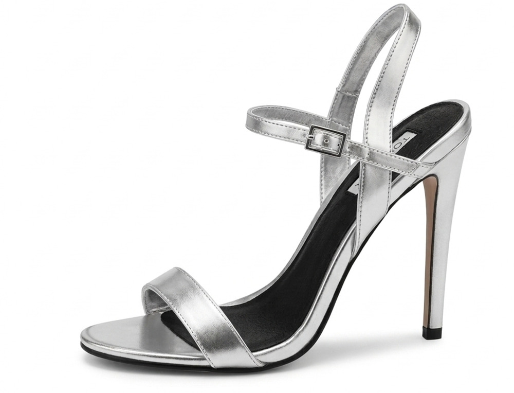 Topshop Women's 8.5 Silver Metallic Ankle Strap Stiletto Heels Open Toe Sandals